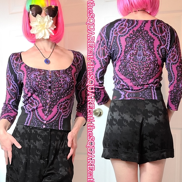 90s ๐ Betsey Johnson psychedelic funky button down 3/4 sleeves beaded cardigan! - Picture 2 of 12
